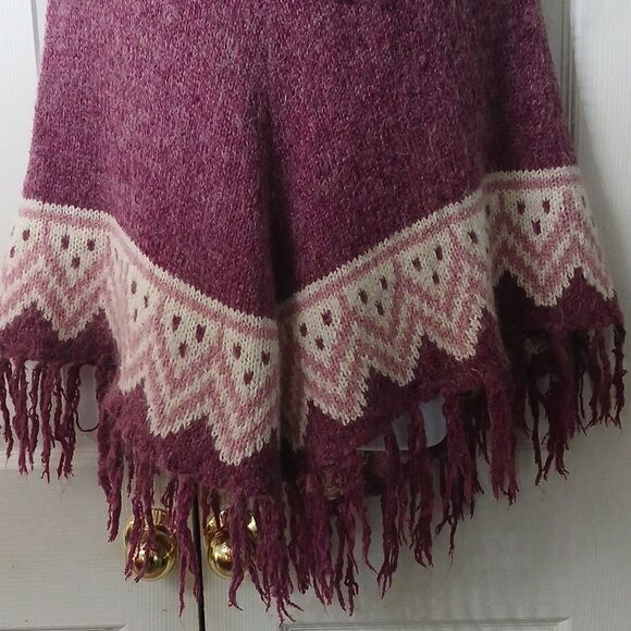 MAX STUDIO Mauve White Fringe Mohair Wool Acrylic Mix Hooded Poncho One Size - Picture 2 of 7